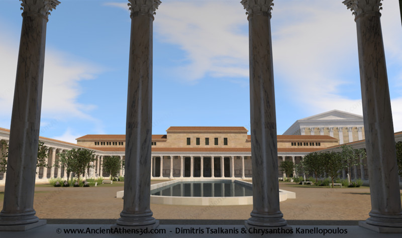 View from the entrance of the Library. In the far right, behind the Library, is the Pantheon, the colossal temple also built by Hadrian.