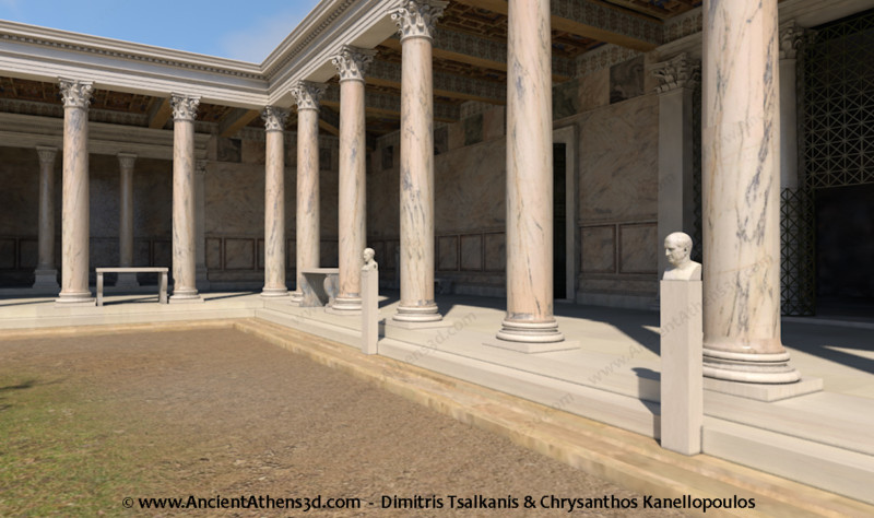 Στα δεξιά, πίσω από την κιονοστοιχία διακρίνεται το κιγκλίδωμα της εισόδου του βιβλιοστασίου, και πιο δίπλα η θύρα του αμφιθεάτρου.