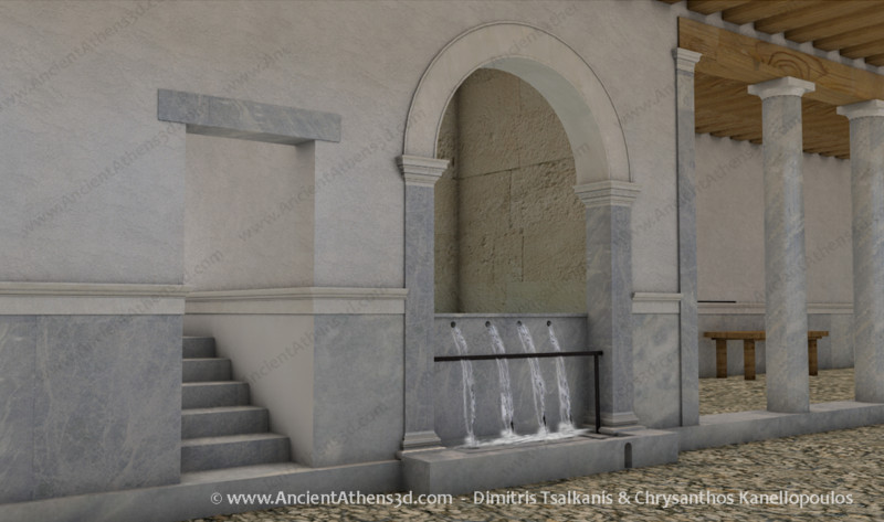 The water fountain in the south colonnade and the stairs leading outside the Forum.