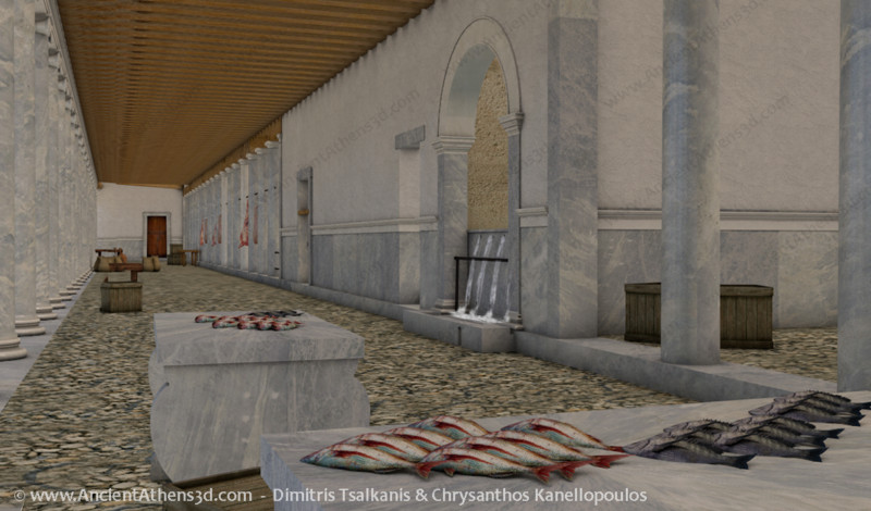 Interior view of the south colonnade, with the water fountain.