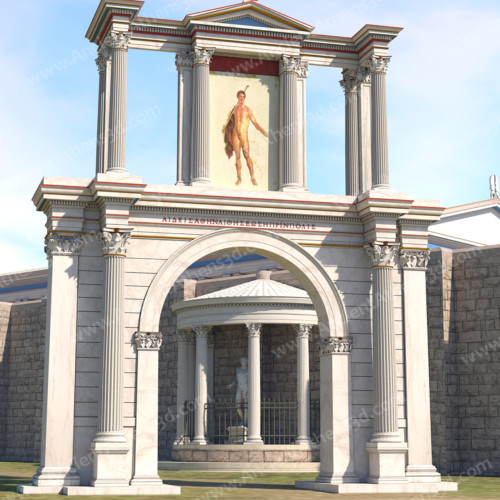View of Hadrian's Arch from the west. Behind is the wall of the Olympieion with the semicircular exedra probably housing a statue.