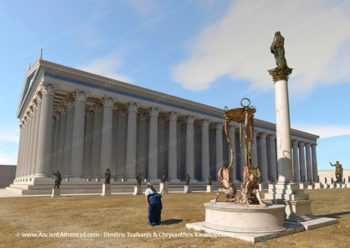 The north side of the Olympieion precinct. One can see the bronze tripod standing on top of statues depicting Persians, made of Phrygian marble, the column with Isocrates statue, which Pausanias describes. In front of the temple's columns stand the bronze statues of Hadrian and on the far right is the colossus of Hadrian which the Athenians dedicated to the emperor.