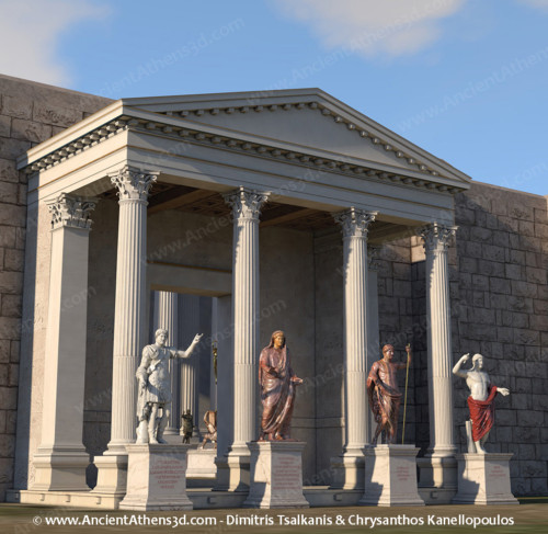 The Propylon, the entrance to Olympieion. Pausanias describes four statues of Hadrian: two made of white Thassos marble and two made of Egyptian marble.