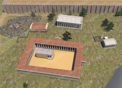 The temple of Apollo Delphinios, the temple of Cronos and Rea and the sanctuary of Zeus Panhellenios with the stoas.