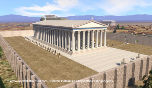 Southeast view of the Olympieion with the Acropolis and the Pantheon in the background.