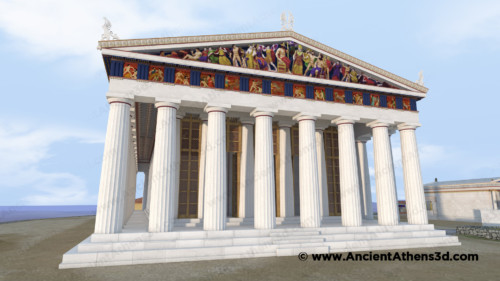 The eastern façade of the Parthenon. The pediment statues depict the birth of the goddess Athena and the metopes depict the Battle of the Giants (Gigantomachy).