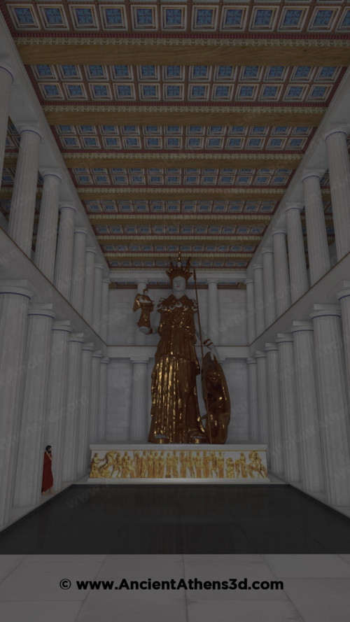 Το άγαλμα της Αθηνάς Παρθένου στο εσωτερικό του σηκού του Παρθενώνα.
