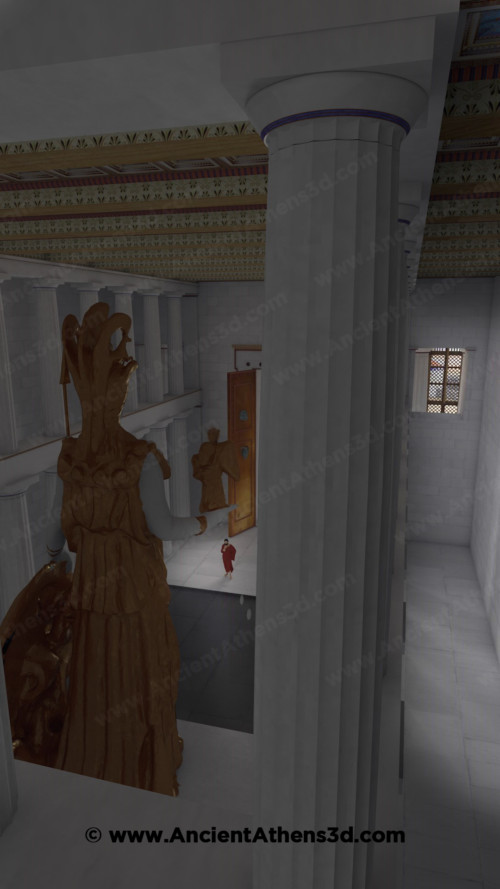 Το εσωτερικό του σηκού από το ύψος της δίτονης κιονοστοιχίας με το άγαλμα της Αθηνάς Παρθένου. Στο βάθος η κεντρική θύρα και το ένα παράθυρο.