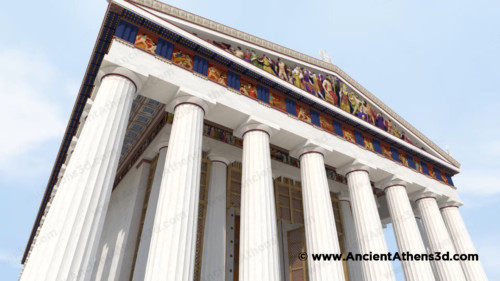 The east, main façade of the temple. The pediment statues, the metopes and the frieze can be seen