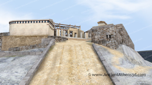 Άποψη της δυτικής ανόδου στην Ακρόπολη με τα αρχαϊκά Προπύλαια υπό κατασκευή. Δεξιά, ο μυκηναϊκός πύργος με τον ναό της Αθηνάς Νίκης και αριστερά το αψιδωτό κτήριο.