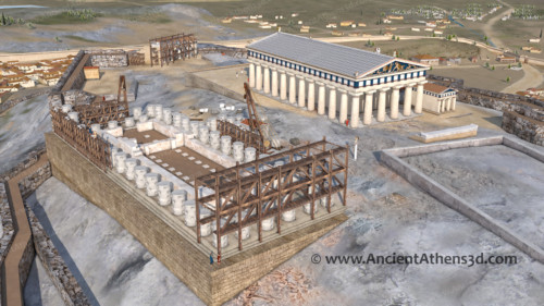In the foreground, the Proparthenon under construction. Right next to it, stands the archaic temple of Athena Polias (Αrchaios Νeos).