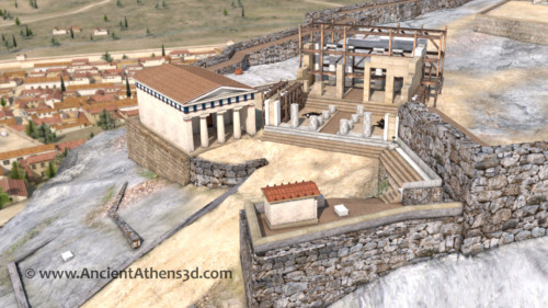 Τα αρχαϊκά Προπύλαια υπό κατασκευή. Στο κάτω μέρος της εικόνας βρίσκεται ο μικρός ναός της Αθηνάς Νίκης με τον βωμό, που στέκεται στην κορυφή του μυκηναϊκού αμυντικού πύργου.