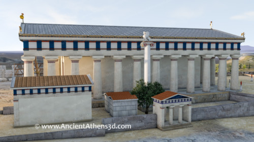 A north view. The archaic temple with the ionic column (probably a trophy or dedication). The smaller temples were probably dedicated to lesser deities or mythical heroes and kings, which during the classical period were worshiped in the Erechtheion, build on the same spot.