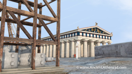 Άποψη του Αρχαίου Ναού της Αθηνάς από τις σκαλωσιές του Προπαρθενώνα.