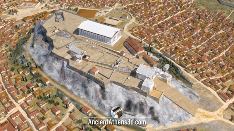 General view of the Acropolis in classical times. Bottom right, the Propylaea, the stoa of Artemis Brauronia in "Γ" shape, the Chalkotheke, the Parthenon and the Erechtheion.