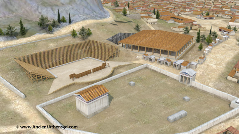 Aerial view of the wooden theatre of the classical period. In the foreground is the temple and sanctuary of Dionysus. Next to the theatre is the Odeion of Pericles along with the choragic monuments of the Tripodon street.