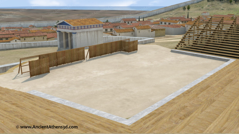 Άποψη της ορχήστρας του θεάτρου και της απλής ξύλινης σκηνής. Για κάθε έργο προσάρμοζαν τη σκηνή και χρησιμοποιούσαν διάφορα σκηνικά.