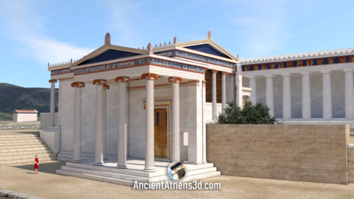 View from the northwest with the north porch. On the right, behind the wall, is the the Pandroseion.