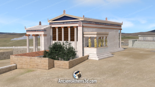 The west side. In the middle is the sacred olive tree of Athena while on the right are the Caryatides.