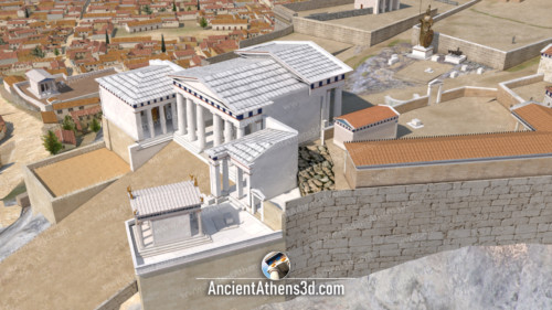 Άποψη από νοτιοδυτικά με τον ναό της Αθηνάς Νίκης. Δεξιά, η στοά της Βραυρωνίας Αρτέμιδος.