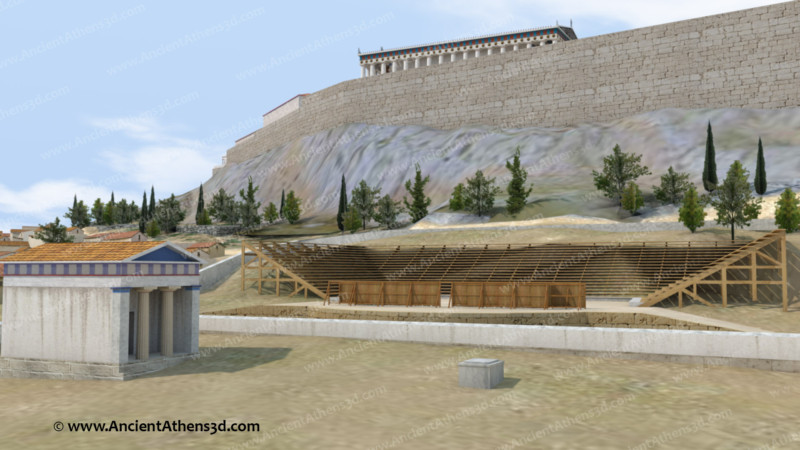 View of the temple of Dionysus and the theatre with the Acropolis and the Parthenon in the background